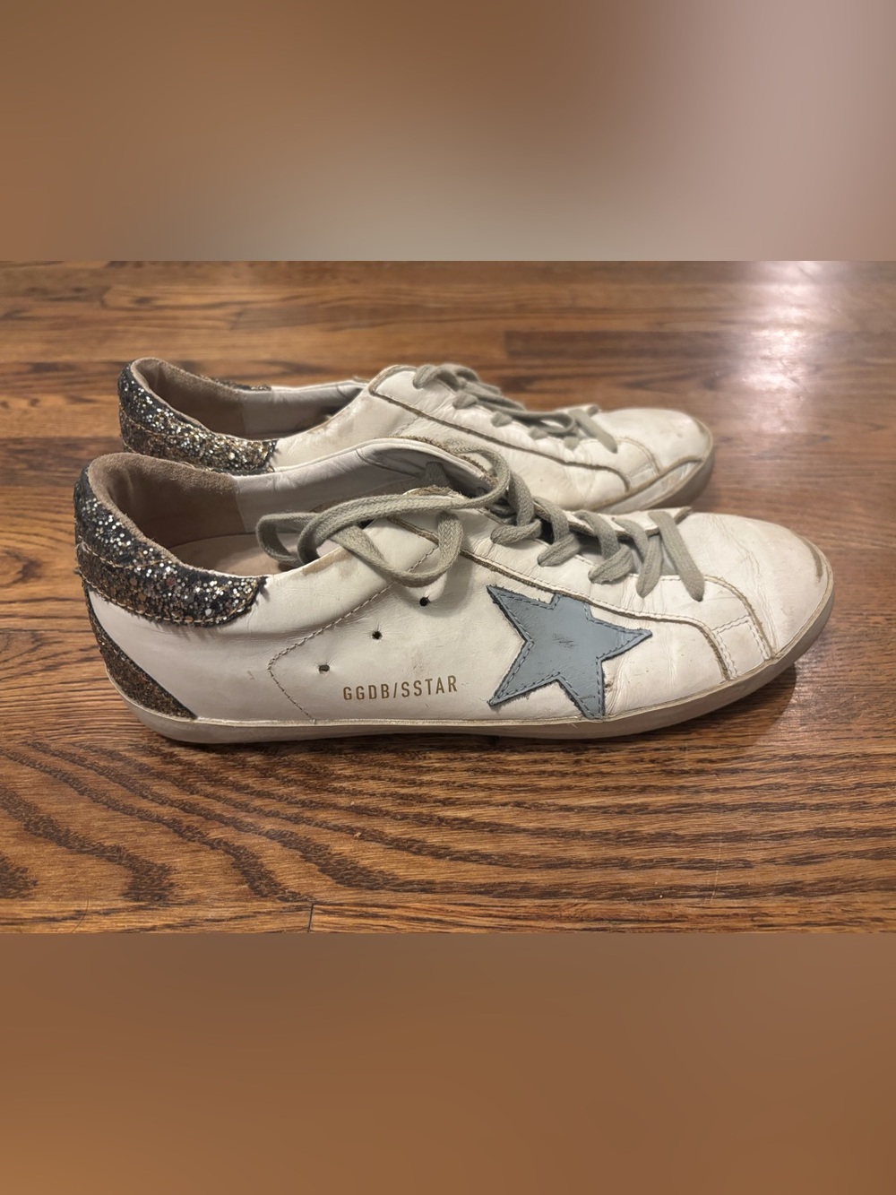 Golden Goose White Leather Sneakers with Light Blue Star and Silver Glitter Heel